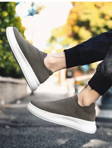Comfortable brown fly-knit slip-on sneakers for men with breathable mesh design