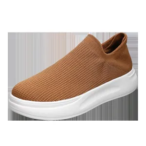 Breathable flyknit slip-on men's walking shoes featuring thick white cushioned sole