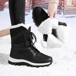 Women's Mid-Calf Snow Boots Warm Faux Fur Lined Thickened Winter Boots Plus Size Lace-up Outdoor Anti-slip Cotton Shoes