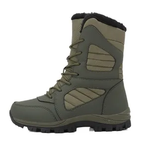 Women's mid-calf high-top olive green snow boots with warm faux fur lining for winter