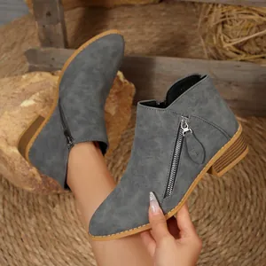 Grey pointed toe ankle boots with block heel and double side zippers for women