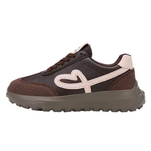 Stylish retro brown and pink platform sneakers featuring cute heart embroidery detail