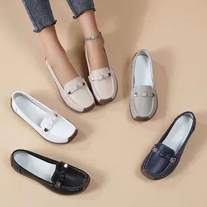 A group of women's casual soft-sole loafers in five colors with decorative metal buckle