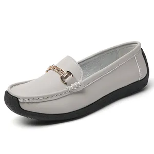 Comfortable women's grey loafers with gold chain buckle and flexible soft sole