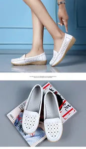 Detailed view of white hollow-out loafers featuring lightweight wedge heels and EVA soles.