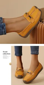 Close-up detail of stylish yellow leather loafers for women featuring a comfy soft flat sole