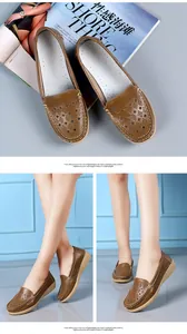 Close-up of brown hollowed-out women's loafers featuring lightweight soft wedge sole details