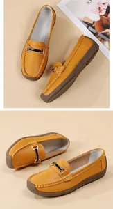 Yellow pebble leather loafers for women with soft sole and metal buckle details