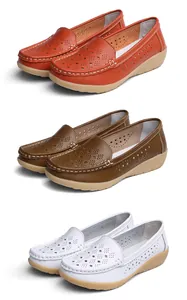 Set of women's casual loafers in orange brown and white featuring hollow out patterns