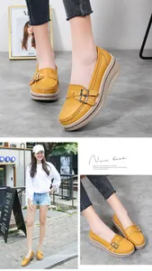 Casual yellow wedge loafers for women featuring round toe design and stylish metal buckle detail