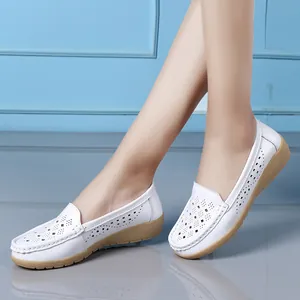 Soft white leather hollow-out loafers with comfortable wedge soles for women's daily casual wear