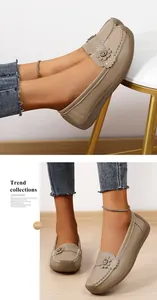 Gedetailleerd overzicht van khaki dames loafers met bloemaccenten en zachte zolen