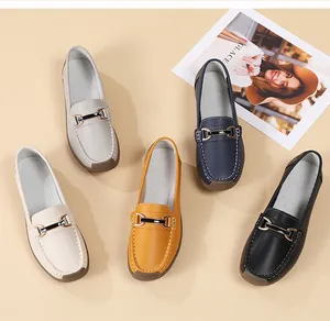 Detail view of comfortable women's leather loafers in multiple color variants