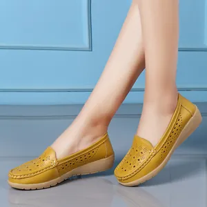 Breathable yellow hollow loafers for women with soft wedge heel for all-day comfort