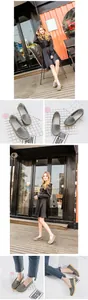 Detailed view of comfortable grey leather loafers shown on model and in a flat lay.