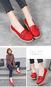 Close-up detail shots of red leather wedge loafers with metal buckle and slip-on design.