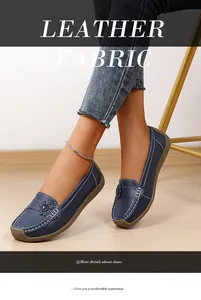 Gedetailleerd overzicht van comfortabele blauwe leren loafers met zachte zool voor dames
