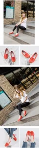 Collage of orange genuine leather loafers for women in lifestyle and macro product views