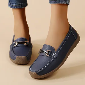 Women Casual Flat Loafers Soft PU Leather Driving Shoes With Metal Buckle Hand Stitched Comfortable Moccasins Mama Shoes