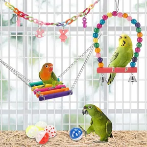 Colorful 11-piece parrot toy set featuring swings, ladders and bells for bird cages.