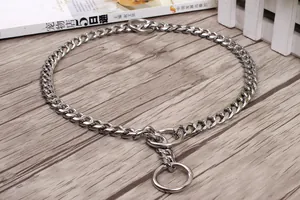Detailed view of heavy-duty stainless steel P-chain dog training collar on wood