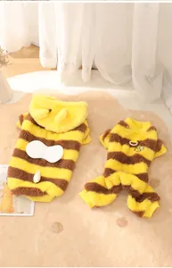 Detailed view of soft striped bee-themed warm fleece dog jumpsuit and hoodie set for winter.