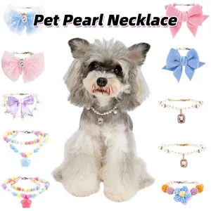 Exquisite Pet Pearl Necklace With Big Bow Rhinestone Pendant Elegant Jewelry Collar For Cats Dogs Wedding Party Dress Up Accessories