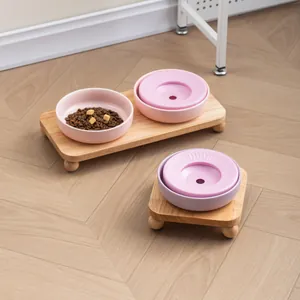 Ensemble de Bols en Céramique pour Animaux Avec Support en Chêne Disque d'Eau Flottant Anti-Débordement Mangeoire Chat Chien