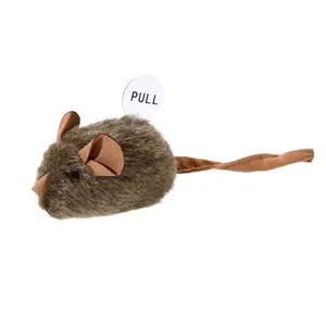 Interactive plush mouse cat toy with realistic fur and squeak pull tab