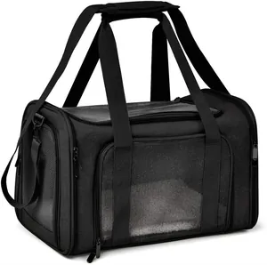 Front view of black breathable mesh pet carrier bag with adjustable shoulder strap