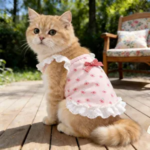 Dettaglio di un vestito a fiori rosa per gatti con bordo in pizzo e fiocco rosso.