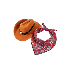 Adorable pet cowboy costume set including orange felt hat and red floral paisley bandana