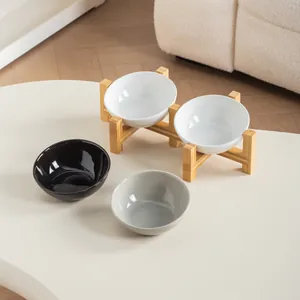 Ceramic Pet Bowl with Slanted Bamboo Stand Neck Protection Feeding Bowl for Cats and Dogs Solid Color Anti-Slip Water Food Dish