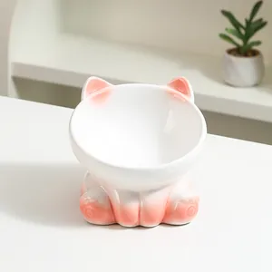 Schuine keramische voerbak voor katten met roze verloop en schattige oren voor nekbescherming