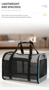 Sac de transport respirant pour animaux gris et noir avec panneaux en filet et bord bleu