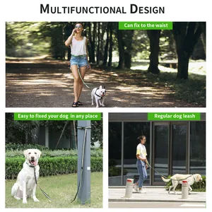 Multifunctional reflective dog leash showing hands-free waist and stationary tethering