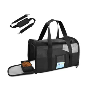 Foldable black pet carrier bag with mesh windows, shoulder strap and a feeding bowl