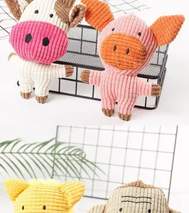 Close-up of corduroy texture on cute animal-shaped squeaky plush toys for pets to chew