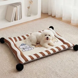 Comfortable striped cooling pet mat with cute dog print and pom-poms for dogs