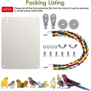 Acrylic bird mirror set with colorful cotton rope perch and mounting hardware for parrots