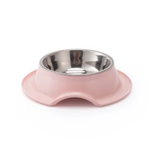 Durable pink anti-slip stainless steel pet bowl with wide stable base for dogs and cats.