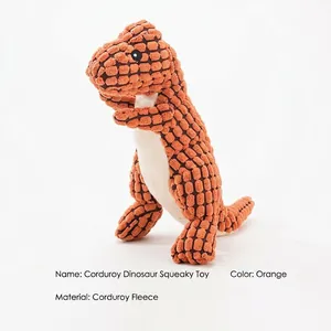 Orange corduroy dinosaur squeaky dog toy for interactive play and bite resistance