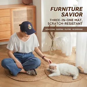 Durable round woven sisal cat scratching mat for furniture protection and pet play