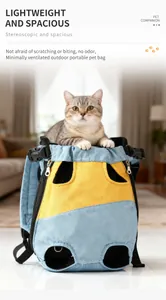 Vista detallada de un gato en una mochila de transporte transpirable azul y amarilla para mascotas.