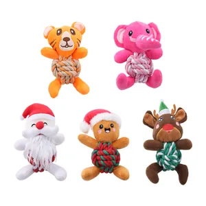 Christmas series plush dog chew toys with durable cotton rope balls 5-pack set.