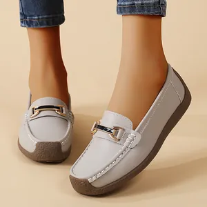 Casual women's light grey loafers with comfortable soft sole and metal buckle