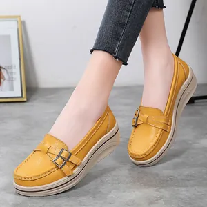 Women Casual Wedge Loafers Thick Sole Metal Buckle Round Toe Leather Mom Shoes Height Increasing Non Slip Comfortable Breathable Walking Shoes Slip On