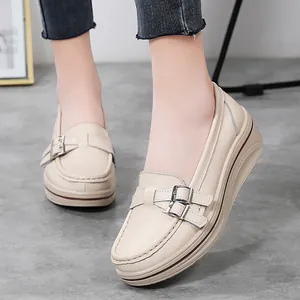Comfortable beige platform wedge loafers for women with stylish buckle detail