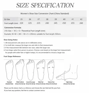 Women's casual flat leather shoe size chart with measurement guide and foot type tips
