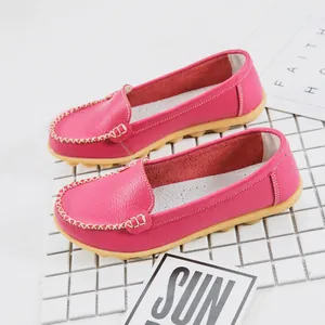 Comfortable bright pink cowhide leather loafers for women with a durable flat rubber sole